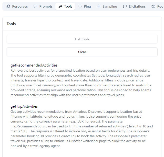 MCP inspector configuration : browse tools